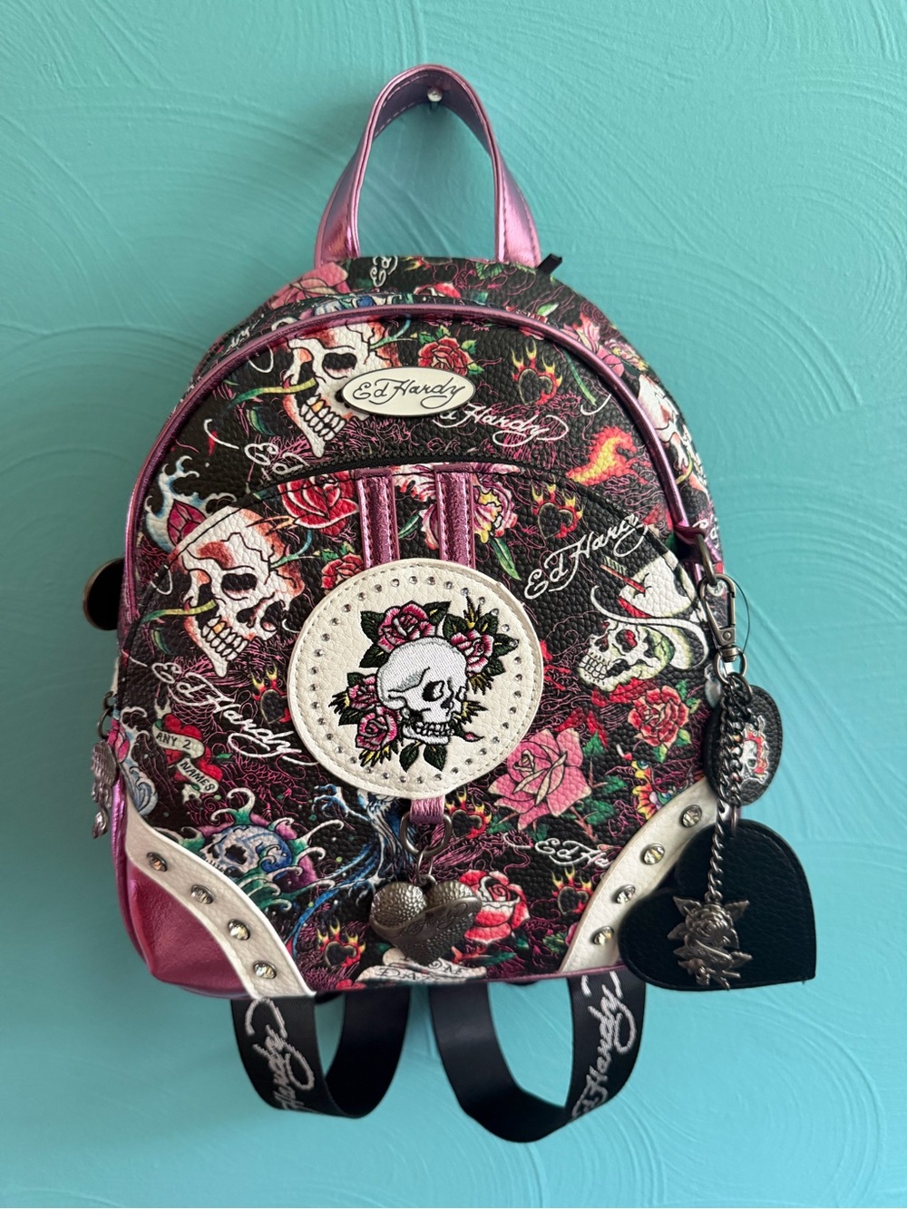 Ed Hardy Pink and Black Skull Rose Mini Backpack